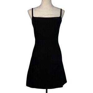 Vintage Express Black Faux Suede Mini Dress Square Neck Tailored XS 3/4 LBD